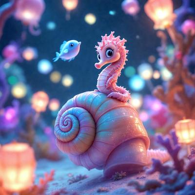 The primary subject of the image is a cute, colorful, and whimsical illustration of a fish and a sea creature, possibly a turtle or a crab, sitting together in a beautiful underwater setting. The scene is set against a backdrop of colorful lights, creating a vibrant and lively atmosphere. The visual style of the image is a combination of digital art and illustration, with a focus on the intricate details and vivid colors of the sea creatures and the underwater environment. The